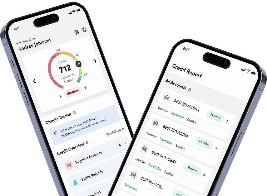 App móvil Financore Platform — Welcome Andres Johnson 712 + Credit Report completo