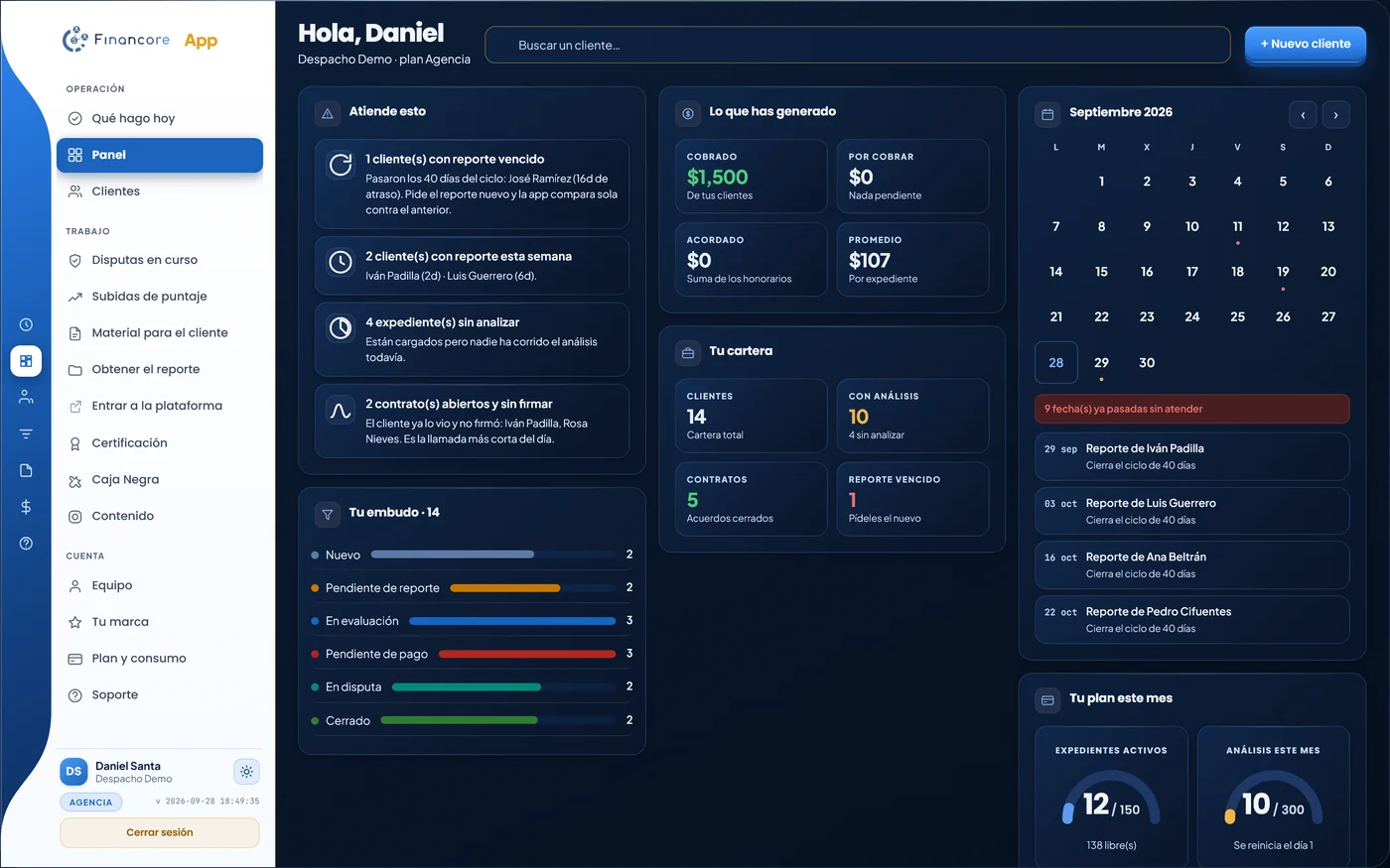 Panel de Financore App con los expedientes activos, la cartera y el embudo