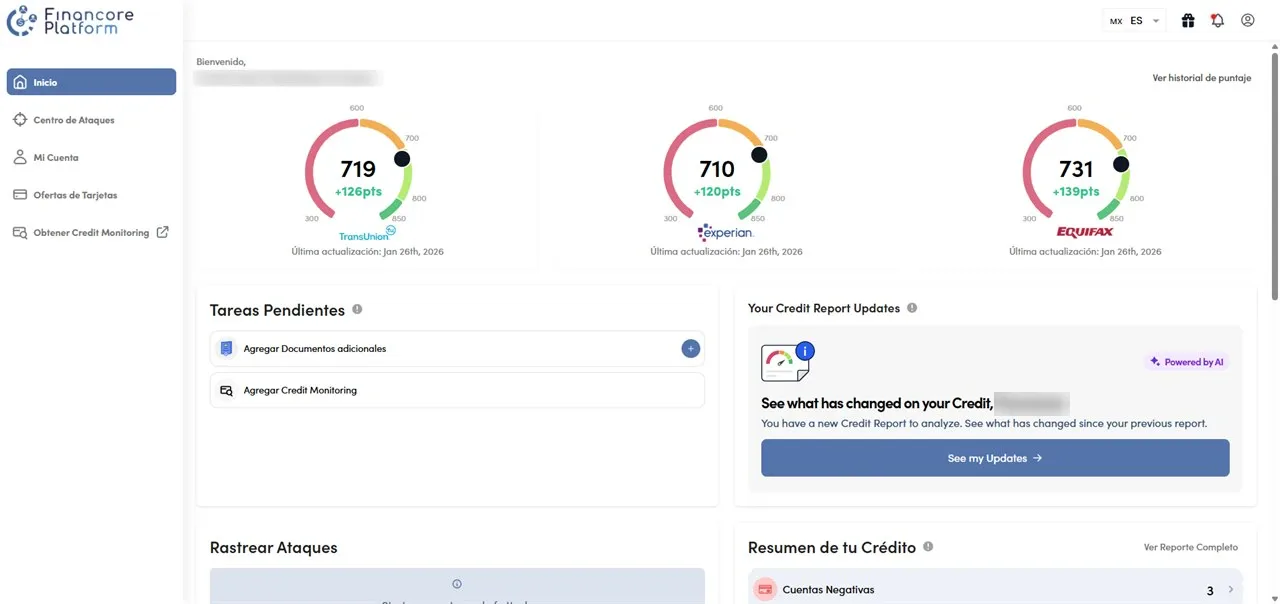 El portal del cliente en Financore Platform: sus puntajes de TransUnion, Experian y Equifax con lo que subió cada uno, sus tareas y las actualizaciones de su reporte.